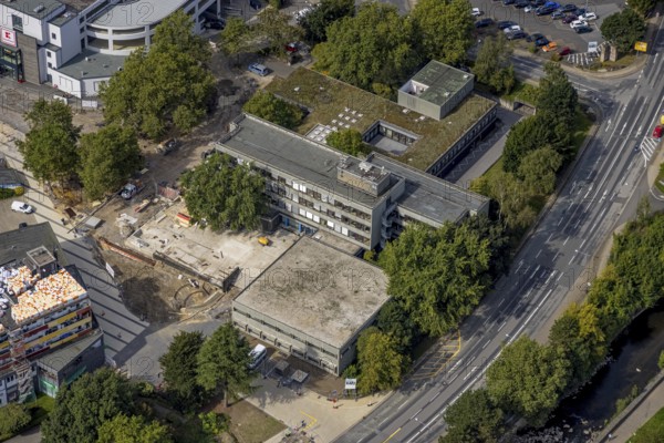 Aerial view, town hall and construction site at the city archive in the district Haufe in Gevelsberg, Ruhr area, North Rhine-Westphalia, Germany, construction work, construction area, building site, building plots, construction project, construction site, authority, DE, Europe, Gevelsberg, aerial view, aerial photography, aerial photography, town hall, overview, bird's-eye view, overview