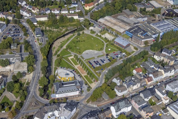Aerial view, Ennepebogen Park and savings bank building in the Haufe district of Gevelsberg, Ruhr area, North Rhine-Westphalia, Germany, DE, Ennepebogenpark, Europe, Gevelsberg, aerial view, aerial photography, aerial photography, park, overview, bird's-eye view, overview