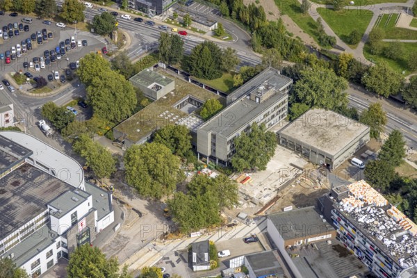 Aerial view, town hall and construction site at the city archive in the district Haufe in Gevelsberg, Ruhr area, North Rhine-Westphalia, Germany, construction work, construction area, building site, building plots, construction project, construction site, authority, DE, Europe, Gevelsberg, aerial view, aerial photography, aerial photography, town hall, overview, bird's-eye view, overview