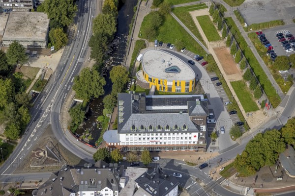 Aerial view, Ennepebogen Park and savings bank building in the Haufe district of Gevelsberg, Ruhr area, North Rhine-Westphalia, Germany, DE, Ennepebogenpark, Europe, Gevelsberg, aerial view, aerial photography, aerial photography, park, overview, bird's-eye view, overview