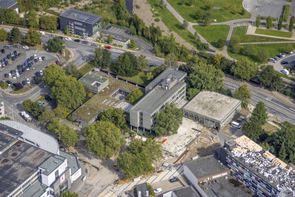 Aerial view, town hall and construction site at the city archive in the district Haufe in Gevelsberg, Ruhr area, North Rhine-Westphalia, Germany, construction work, construction area, building site, building plots, construction project, construction site, authority, DE, Europe, Gevelsberg, aerial view, aerial photography, aerial photography, town hall, overview, bird's-eye view, overview