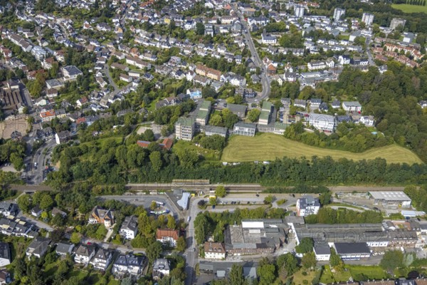 Aerial view, Gevelsberg main station and Städt. Realschule SRG in Gevelsberg, Ruhr area, North Rhine-Westphalia, Germany, railway station, station forecourt, education, educational institution, DE, Deutsche Bahn AG, Europe, Gevelsberg, main railway station, main station, educational institute, aerial view, aerial photography, aerial photography, secondary school, school, overview, bird's-eye view, overview