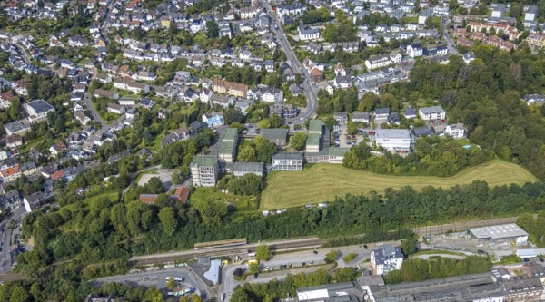 Aerial view, Gevelsberg main station and Städt. Realschule SRG in Gevelsberg, Ruhr area, North Rhine-Westphalia, Germany, railway station, station forecourt, education, educational institution, DE, Deutsche Bahn AG, Europe, Gevelsberg, main railway station, main station, educational institute, aerial view, aerial photography, aerial photography, secondary school, school, overview, bird's-eye view, overview