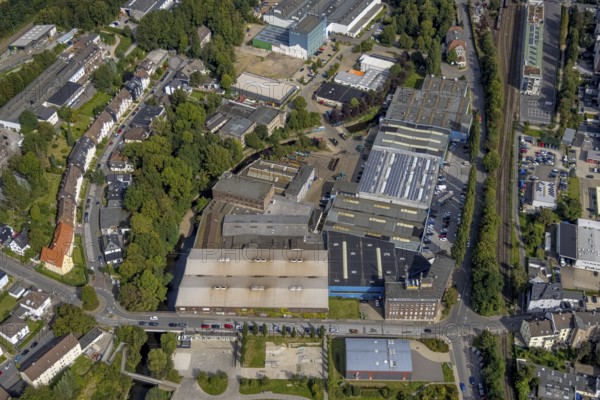 Aerial view, industrial area at the river Ennepe at Mühlenstraße corner Jahnstraße in the district Haufe in Gevelsberg, Ruhr area, North Rhine-Westphalia, Germany, DE, Europe, Gevelsberg, commercial enterprises, commercial area, commercial area, commercial location, commercial use, industrial area, industrial building, industrial location, aerial view, aerial photography, aerial photography, overview, bird's-eye view, bird's-eye view, overview