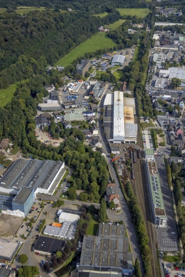 Aerial view, commercial area at Mühlenstraße and new fire station at Haufer Bahnhof at the old Schüßler site in the district of Haufe in Gevelsberg, Ruhr area, North Rhine-Westphalia, Germany, fire fighters, fire protection, fire watch, DE, Europe, fire station, fire brigade, Gevelsberg, commercial enterprises, commercial area, commercial area, commercial location, commercial use, industrial area, industrial building, industrial location, aerial view, aerial photography, aerial photography, overview, bird's eye view, bird's eye view, overview