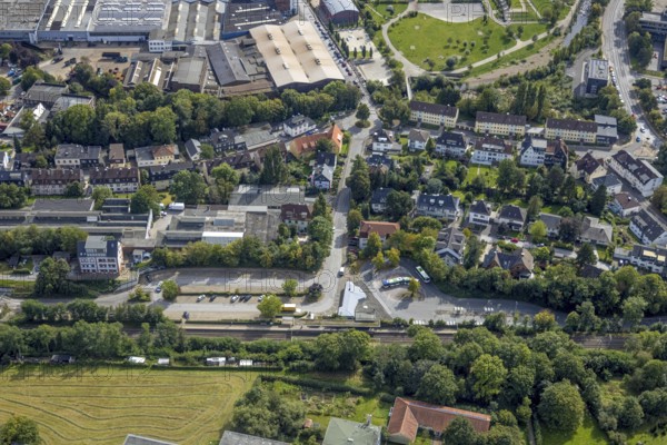 Aerial view, Gevelsberg main station in Gevelsberg, Ruhr area, North Rhine-Westphalia, Germany, railway station, station forecourt, DE, Deutsche Bahn AG, Europe, Gevelsberg, main station, Hbf, aerial view, aerial photography, aerial photography, overview, bird's-eye view, bird's-eye view, overview