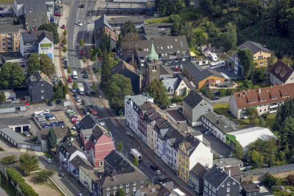 Aerial view, Hagener Straße and church on Martin-Luther-Straße in the Haufe district of Gevelsberg, Ruhr area, North Rhine-Westphalia, Germany, place of worship, DE, Europe, Gevelsberg, religious community, place of worship, holy place, church, parish, denomination, aerial view, aerial photography, aerial photography, religion, religious site, overview, bird's-eye view, overview