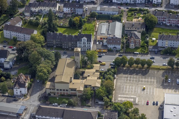 Aerial view, Church of Our Dear Lady in Gevelsberg, Ruhr area, North Rhine-Westphalia, Germany, place of worship, DE, Europe, Gevelsberg, religious community, place of worship, holy place, church, parish, denomination, aerial photograph, aerial photography, aerial photography, religion, religious site, overview, bird's-eye view, overview