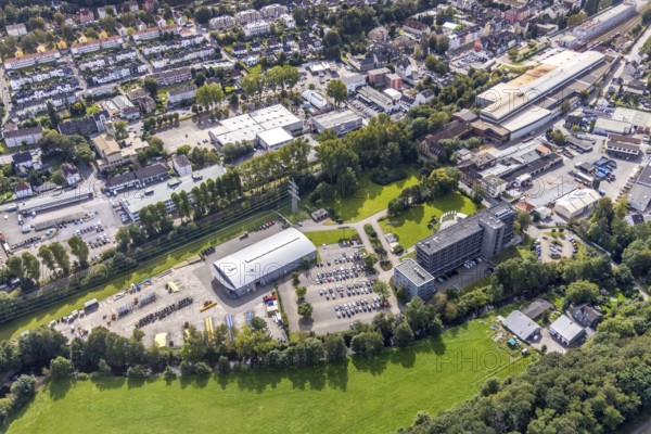 Aerial view, AVU AG building and commercial area Mühlenstraße in Gevelsberg, Ruhr area, North Rhine-Westphalia, Germany, DE, Europe, Gevelsberg, commercial enterprises, commercial area, commercial location, commercial use, industrial area, industrial building, industrial location, aerial photograph, aerial photography, aerial photography, overview, bird's-eye view, bird's-eye view, overview