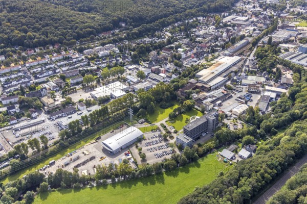Aerial view, AVU AG building and commercial area Mühlenstraße in Gevelsberg, Ruhr area, North Rhine-Westphalia, Germany, DE, Europe, Gevelsberg, commercial enterprises, commercial area, commercial location, commercial use, industrial area, industrial building, industrial location, aerial photograph, aerial photography, aerial photography, overview, bird's-eye view, bird's-eye view, overview