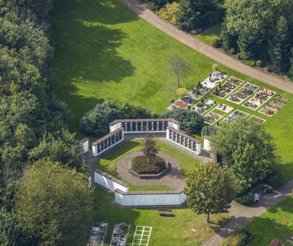 Aerial view, central cemetery with new construction of urn graves in the district of Berge in Gevelsberg, Ruhr area, North Rhine-Westphalia, Germany, burial site, DE, Europe, cemetery, memorial, Gevelsberg, Gottesacker, graves, burial ground, columbarium, aerial view, aerial photography, aerial photography, resting place, overview, bird's-eye view, central comm. Cemetery, birds-eyes view, overview