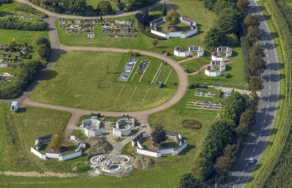 Aerial view, central cemetery with new construction of urn graves in the district of Berge in Gevelsberg, Ruhr area, North Rhine-Westphalia, Germany, burial site, DE, Europe, cemetery, memorial, Gevelsberg, Gottesacker, graves, burial ground, columbarium, aerial view, aerial photography, aerial photography, resting place, overview, bird's-eye view, central comm. Cemetery, birds-eyes view, overview