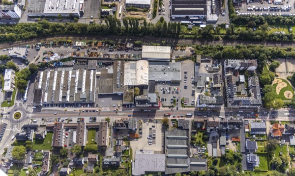 Aerial view, commercial area Hagener Straße in the district In der Bredde in Gevelsberg, Ruhr area, North Rhine-Westphalia, Germany, DE, Europe, Gevelsberg, commercial enterprises, commercial area, commercial park, commercial location, commercial use, industrial area, industrial building, industrial location, roundabout, roundabout, aerial photograph, aerial photography, aerial photography, overview, bird's-eye view, bird's-eye view, overview