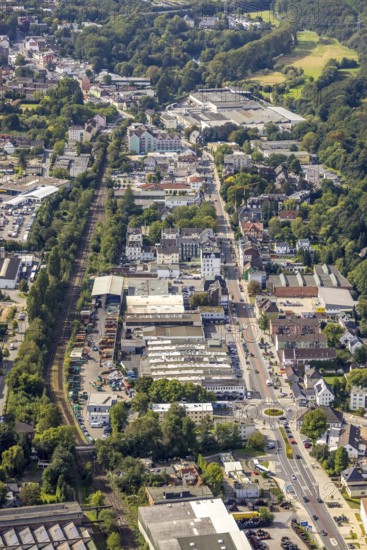 Aerial view, Hagener Straße in the district In der Bredde in Gevelsberg, Ruhr area, North Rhine-Westphalia, Germany, DE, Europe, Gevelsberg, commercial enterprises, commercial area, commercial park, commercial location, commercial use, industrial area, industrial building, industrial location, roundabout, roundabout, aerial view, aerial photography, aerial photography, overview, bird's eye view, birds-eyes view, overview