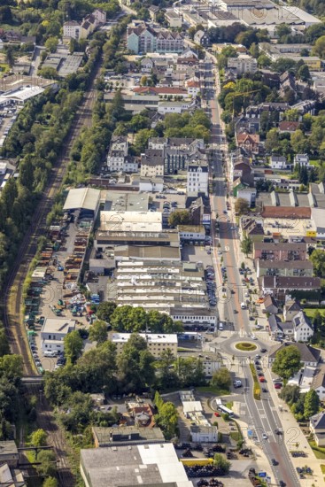 Aerial view, Hagener Straße in the district In der Bredde in Gevelsberg, Ruhr area, North Rhine-Westphalia, Germany, DE, Europe, Gevelsberg, commercial enterprises, commercial area, commercial park, commercial location, commercial use, industrial area, industrial building, industrial location, roundabout, roundabout, aerial view, aerial photography, aerial photography, overview, bird's eye view, birds-eyes view, overview
