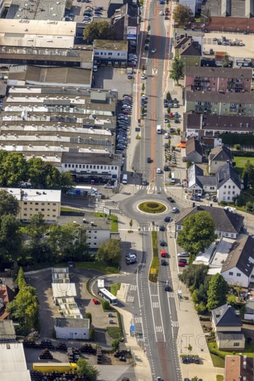 Aerial view, Hagener Straße in the district In der Bredde in Gevelsberg, Ruhr area, North Rhine-Westphalia, Germany, DE, Europe, Gevelsberg, commercial enterprises, commercial area, commercial park, commercial location, commercial use, industrial area, industrial building, industrial location, roundabout, roundabout, aerial view, aerial photography, aerial photography, overview, bird's eye view, birds-eyes view, overview