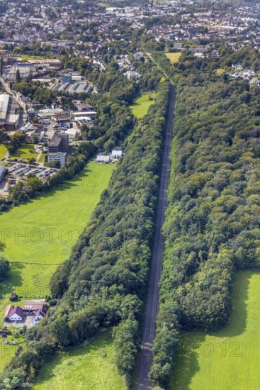 Aerial view, straight railway line in the forest in the district of Berge in Gevelsberg, Ruhr area, North Rhine-Westphalia, Germany, railway tracks, DE, Europe, Gevelsberg, aerial view, aerial photography, aerial photography, overview, bird's eye view, forest area, birds-eyes view, overview