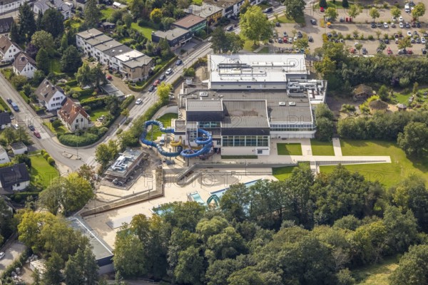 Aerial view, swimming in Gevelsberg swimming pool in the district Klostermark in Gevelsberg, Ruhr area, North Rhine-Westphalia, Germany, bathing establishment, bathing resort, DE, Europe, outdoor swimming pool, Gevelsberg, indoor swimming pool, aerial view, aerial photography, aerial photography, swimming pool, overview, bird's eye view, water slide, birds-eyes view, overview
