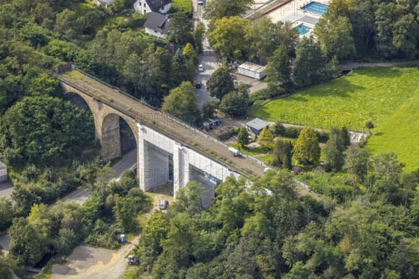 Aerial view, renovation of the disused railway viaduct Stefansbachtal in the district Klostermark in Gevelsberg, Ruhr area, North Rhine-Westphalia, Germany, construction work, construction area, building site, building plots, construction project, construction site, bridge, DE, Europe, Gevelsberg, aerial view, aerial photography, aerial photography, renovation, refurbishment, overview, bird's-eye view, five-arch, overview