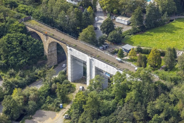 Aerial view, renovation of the disused railway viaduct Stefansbachtal in the district Klostermark in Gevelsberg, Ruhr area, North Rhine-Westphalia, Germany, construction work, construction area, building site, building plots, construction project, construction site, bridge, DE, Europe, Gevelsberg, aerial view, aerial photography, aerial photography, renovation, refurbishment, overview, bird's-eye view, five-arch, overview