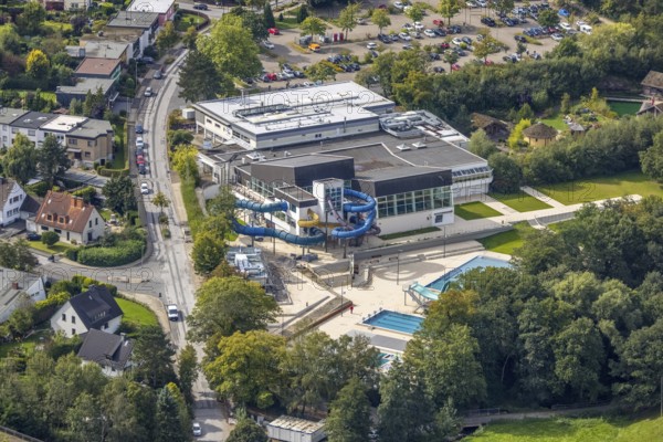 Aerial view, swimming in Gevelsberg swimming pool in the district Klostermark in Gevelsberg, Ruhr area, North Rhine-Westphalia, Germany, bathing establishment, bathing resort, DE, Europe, outdoor swimming pool, Gevelsberg, indoor swimming pool, aerial view, aerial photography, aerial photography, swimming pool, overview, bird's eye view, water slide, birds-eyes view, overview
