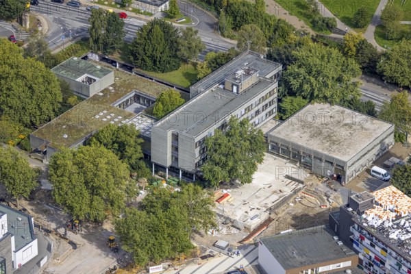 Aerial view, town hall and construction site at the city archive in the district Haufe in Gevelsberg, Ruhr area, North Rhine-Westphalia, Germany, construction work, construction area, building site, building plots, construction project, construction site, authority, DE, Europe, Gevelsberg, aerial view, aerial photography, aerial photography, town hall, overview, bird's-eye view, overview