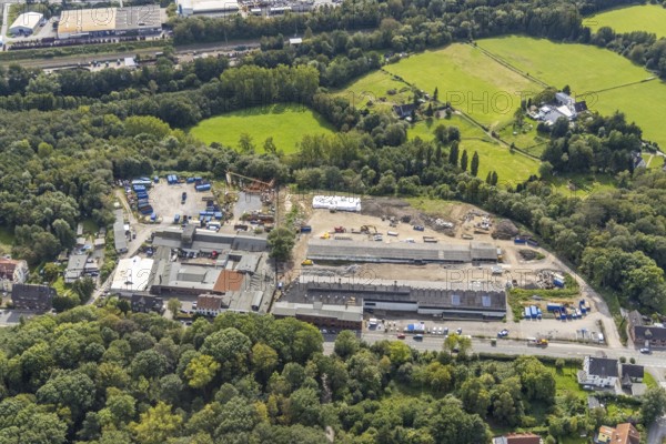 Aerial view, site of the Friedrich Hünninghaus drop forge on Haßlinghauser Straße in the Sauerbruch district of Gevelsberg, Ruhr area, North Rhine-Westphalia, Germany, DE, Europe, Gevelsberg, commercial enterprises, commercial area, commercial site, commercial use, industrial area, industrial building, industrial site, aerial photograph, aerial photography, aerial photography, overview, bird's-eye view, overview