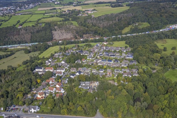 Aerial view, residential area Bruchmühle and adjacent forest damage on the A1 motorway in the Sauerbruch district of Gevelsberg, Ruhr area, North Rhine-Westphalia, Germany, A1 motorway, tree death, bark beetle damage, bark beetle plague, DE, Europe, Gevelsberg, property tax, real estate, clear-cutting, aerial view, aerial photography, aerial photography, overview, bird's-eye view, forest damage, forest dieback, residential area, housing and living, residential area, residential buildings, residential quality, residential neighbourhood, housing estate, birds-eyes view, overview