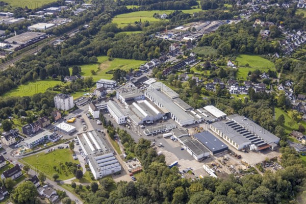 Aerial view, industrial area Stefansbachtal with factory premises Peddinghaus Anlagen and Ridge Tool tool shop at Haßlinghauser Straße in the district Rosendahl in Gevelsberg, Ruhr area, North Rhine-Westphalia, Germany, DE, Europe, Gevelsberg, commercial enterprises, commercial area, commercial location, commercial use, industrial area, industrial building, industrial location, aerial view, aerial photography, aerial photography, overview, bird's eye view, birds-eyes view, overview