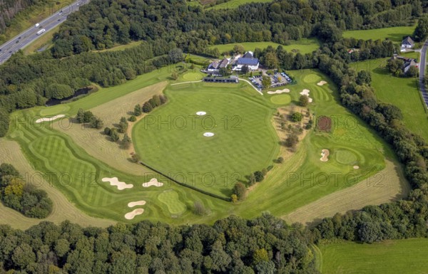 Aerial view, golf course Gut Berge in the district Berge in Gevelsberg, Ruhr area, North Rhine-Westphalia, Germany, DE, Europe, Gevelsberg, golf, golf course, golf club, golf meadow, aerial view, aerial photography, aerial photography, sports, overview, birds-eyes view, overview