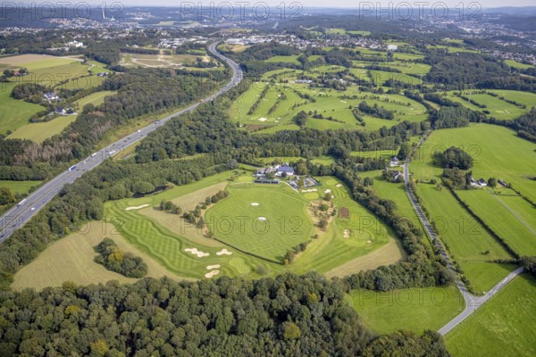 Aerial view, golf course Gut Berge in the district Berge in Gevelsberg, Ruhr area, North Rhine-Westphalia, Germany, DE, Europe, Gevelsberg, golf, golf course, golf club, golf meadow, aerial view, aerial photography, aerial photography, sports, overview, birds-eyes view, overview