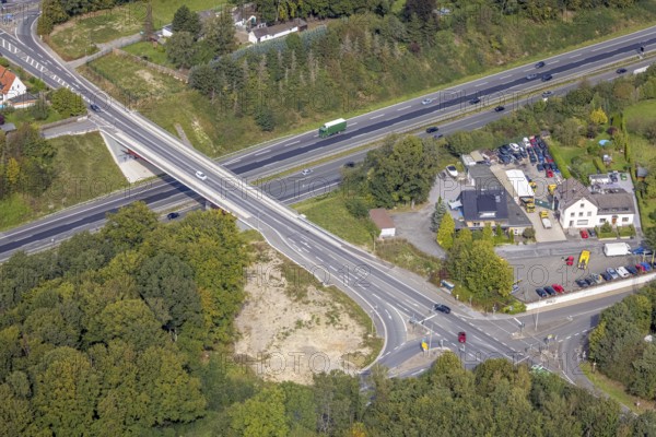 Aerial view, New bridge of the Eichholzstraße over the motorway A1 in the district Silschede in Gevelsberg, Ruhr area, North Rhine-Westphalia, Germany, A1 bridge, motorway, bridge, DE, Eichholzstraßenbrücke, Europe, Gevelsberg, aerial view, aerial photography, aerial photography, overview, bird's-eye view, overview
