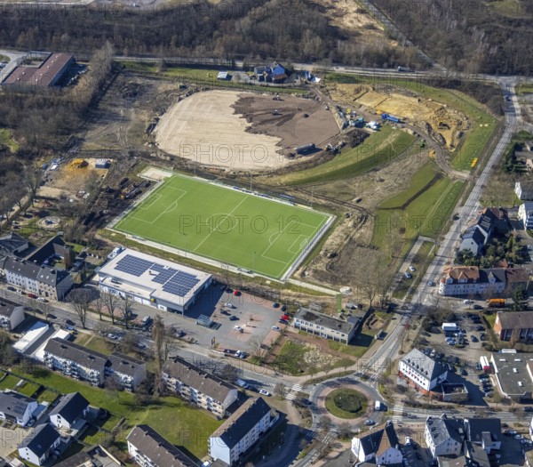 Aerial view, construction site for Sportpark Mottbruch Brüsseler Straße, sports ground SuS Schwarz Blau Gladbeck, Brauck, Gladbeck, Ruhr area, North Rhine-Westphalia, Germany, construction work, construction area, building site, building plots, construction project, construction site, DE, Europe, football pitch, football stadium, football club, aerial view, aerial photography, aerial photography, new construction, sports facilities, sports park, sports ground, sports facility, stadium, overview, bird's-eye view, bird's-eye view, overview