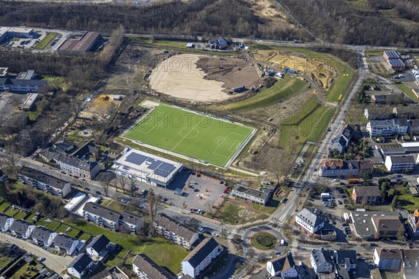 Aerial view, construction site for Sportpark Mottbruch Brüsseler Straße, sports ground SuS Schwarz Blau Gladbeck, Brauck, Gladbeck, Ruhr area, North Rhine-Westphalia, Germany, construction work, construction area, building site, building plots, construction project, construction site, DE, Europe, football pitch, football stadium, football club, aerial view, aerial photography, aerial photography, new construction, sports facilities, sports park, sports ground, sports facility, stadium, overview, bird's-eye view, bird's-eye view, overview