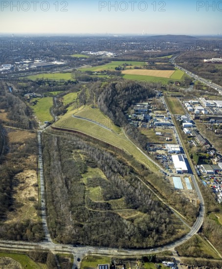 Aerial view, Moltke slagheap, industrial estate Europastrasse, Brauck, Gladbeck, Ruhr area, North Rhine-Westphalia, Germany, slagheap, DE, Europe, slagheap Graf Moltke, aerial view, aerial photography, aerial photography, overview, bird's-eye view, burning slagheap, overview