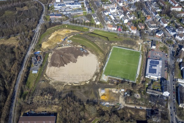 Aerial view, construction site for Sportpark Mottbruch Brüsseler Straße, sports ground SuS Schwarz Blau Gladbeck, Brauck, Gladbeck, Ruhr area, North Rhine-Westphalia, Germany, construction work, construction area, building site, building plots, construction project, construction site, DE, Europe, football pitch, football stadium, football club, aerial view, aerial photography, aerial photography, new construction, sports facilities, sports park, sports ground, sports facility, stadium, overview, bird's-eye view, bird's-eye view, overview