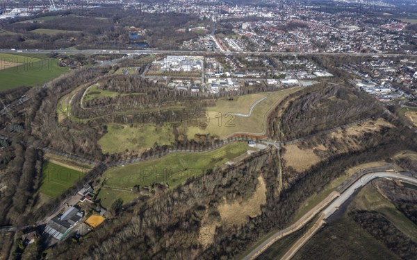 Aerial view, Moltke slagheap, industrial estate Europastrasse, Brauck, Gladbeck, Ruhr area, North Rhine-Westphalia, Germany, slagheap, DE, Europe, slagheap Graf Moltke, aerial view, aerial photography, aerial photography, overview, bird's-eye view, burning slagheap, overview