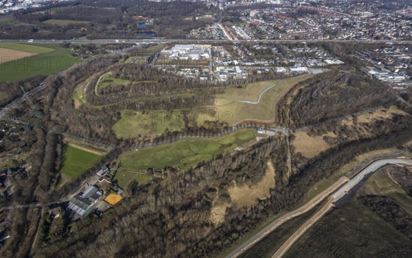 Aerial view, Moltke slagheap, industrial estate Europastrasse, Brauck, Gladbeck, Ruhr area, North Rhine-Westphalia, Germany, slagheap, DE, Europe, slagheap Graf Moltke, aerial view, aerial photography, aerial photography, overview, bird's-eye view, burning slagheap, overview