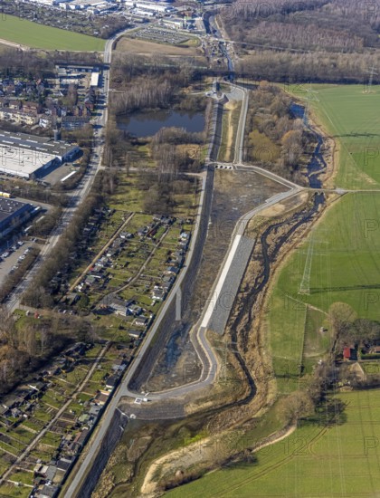 Aerial view, construction site at the Boye, allotment garden association An der Boye, Brauck, Gladbeck, Ruhr area, North Rhine-Westphalia, Germany, construction work, building, construction area, building site, building plots, construction project, construction site, Boyetal, DE, Emschergenossenschaft, Europe, community garden, KGV, allotment garden, allotment garden site, allotment garden association, aerial view, aerial photography, aerial photography, allotment garden, overview, bird's-eye view, overview