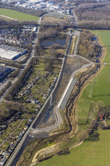 Aerial view, construction site at the Boye, allotment garden association An der Boye, Brauck, Gladbeck, Ruhr area, North Rhine-Westphalia, Germany, construction work, building, construction area, building site, building plots, construction project, construction site, Boyetal, DE, Emschergenossenschaft, Europe, community garden, KGV, allotment garden, allotment garden site, allotment garden association, aerial view, aerial photography, aerial photography, allotment garden, overview, bird's-eye view, overview