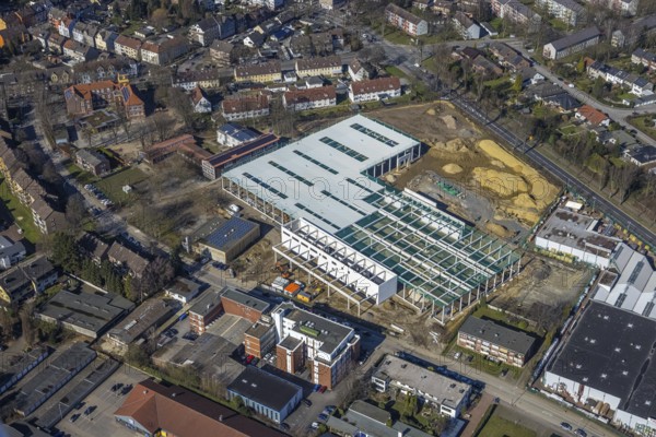 Aerial view, construction site of planned DIY store at Krusenkamp, former sports field, Zweckel, Gladbeck, Ruhr area, North Rhine-Westphalia, Germany, construction work, building, construction area, building site, building plots, construction project, construction site, DE, Europe, Krusenkamp, aerial view, aerial photography, aerial photography, new building, overview, bird's-eye view, bird's-eye view, overview