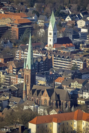 Aerial view, city centre view, Propsteikirche St. Lamberti Kirche, Christus Kirche, Gladbeck, Ruhr area, North Rhine-Westphalia, Germany, place of worship, City, DE, Europe, religious community, place of worship, holy place, city centre, church, parish, denomination, aerial view, aerial photography, aerial photography, religion, religious site, overview, bird's-eye view, overview