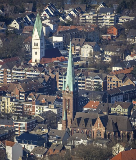 Aerial view, city centre view, Propsteikirche St. Lamberti Kirche, Christus Kirche, Gladbeck, Ruhr area, North Rhine-Westphalia, Germany, place of worship, City, DE, Europe, religious community, place of worship, holy place, city centre, church, parish, denomination, aerial view, aerial photography, aerial photography, religion, religious site, overview, bird's-eye view, overview