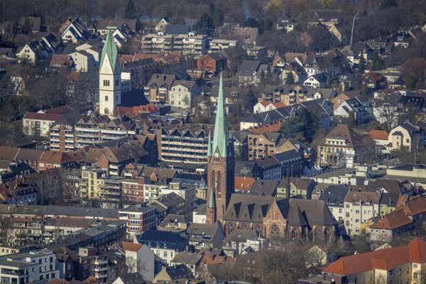Aerial view, city centre view, Propsteikirche St. Lamberti Kirche, Christus Kirche, Gladbeck, Ruhr area, North Rhine-Westphalia, Germany, place of worship, City, DE, Europe, religious community, place of worship, holy place, city centre, church, parish, denomination, aerial view, aerial photography, aerial photography, religion, religious site, overview, bird's-eye view, overview