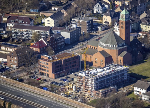 Aerial view, cath. Heilig-Kreuz-Kirche, medical centre Gladbeck, construction site former Kotten Kleimann, planned second medical centre, Butendorf, Gladbeck, Ruhr area, North Rhine-Westphalia, Germany, place of worship, construction work, construction area, construction site, building plots, construction crane, construction project, construction project, construction site, DE, Europe, religious community, place of worship, holy place, church, parish, denomination, aerial view, aerial photography, aerial photography, new building, religion, religious site, overview, bird's-eye view, overview