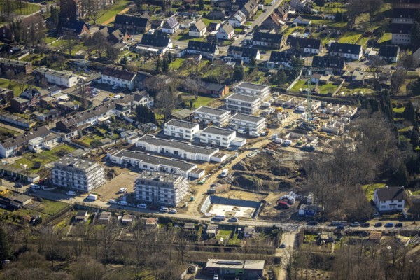 Aerial view, construction site, new development area at Rosenhügel, Alter Sportplatz, Otto-Hue-Straße, Brauck, Gladbeck, Ruhr area, North Rhine-Westphalia, Germany, construction work, building, construction area, building site, building plots, construction project, construction site, DE, Europe, property tax, real estate, aerial photograph, aerial photography, aerial photography, new construction, overview, bird's eye view, residential complex, living and living, residential area, residential buildings, residential quality, residential neighbourhood, residential estate, bird's eye view, overview