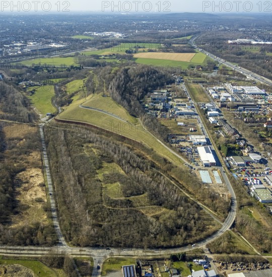 Aerial view, Moltke slagheap, industrial estate Europastrasse, Brauck, Gladbeck, Ruhr area, North Rhine-Westphalia, Germany, slagheap, DE, Europe, slagheap Graf Moltke, aerial view, aerial photography, aerial photography, overview, bird's-eye view, burning slagheap, overview
