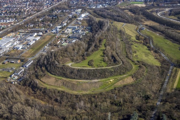 Aerial view, Moltke slagheap, industrial estate Europastrasse, Brauck, Gladbeck, Ruhr area, North Rhine-Westphalia, Germany, slagheap, DE, Europe, slagheap Graf Moltke, aerial view, aerial photography, aerial photography, overview, bird's-eye view, burning slagheap, overview