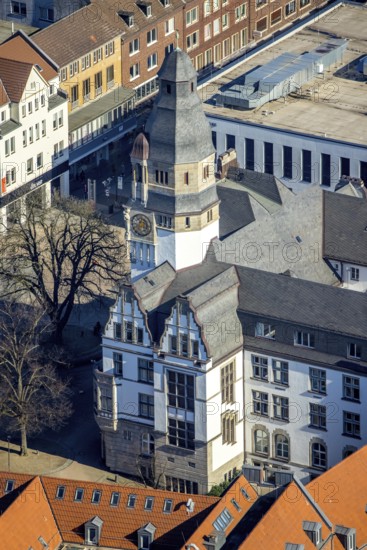 Aerial view, town hall with tower, Gladbeck, Ruhr area, North Rhine-Westphalia, Germany, old town hall, authority, DE, Europe, aerial view, aerial photography, aerial photography, town hall, overview, bird's eye view, Willy-Brandt-Platz, birds-eyes view, overview