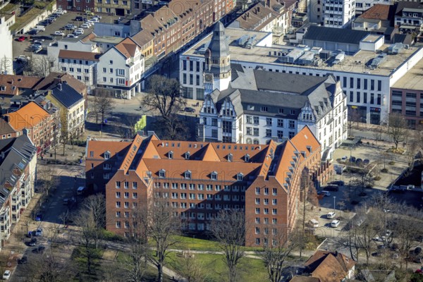 Aerial view, town hall with tower, new town hall, Gladbeck, Ruhr area, North Rhine-Westphalia, Germany, old town hall, authority, DE, Europe, aerial view, aerial photography, aerial photography, town hall, overview, bird's eye view, Willy-Brandt-Platz, birds-eyes view, overview